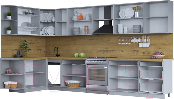 Изображение товара Кухонный гарнитур Интерлиния Тренд 1.7x3.8 левая (мята/мята/дуб бунратти)