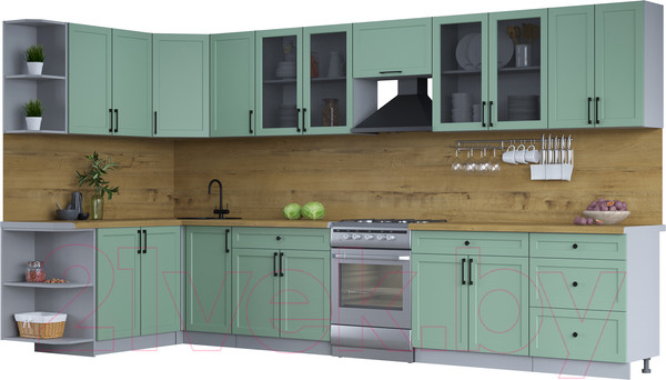 Изображение товара Кухонный гарнитур Интерлиния Тренд 1.7x3.8 левая (мята/мята/дуб бунратти)