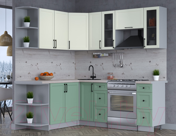 Изображение товара Кухонный гарнитур Интерлиния Тренд 1.7x2.1 левая (мята/белый/бискайская сосна)