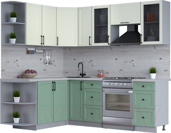 Изображение товара Кухонный гарнитур Интерлиния Тренд 1.7x2.3 левая (мята/белый/бискайская сосна)