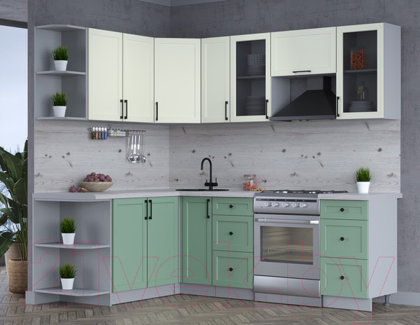 Изображение товара Кухонный гарнитур Интерлиния Тренд 1.7x2.3 левая (мята/белый/бискайская сосна)
