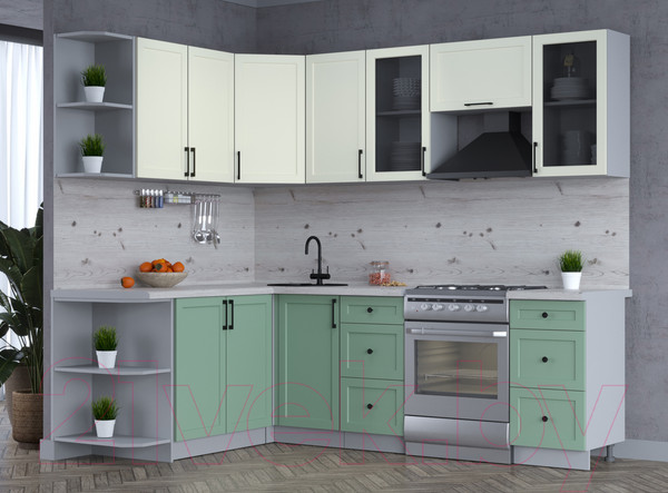 Изображение товара Кухонный гарнитур Интерлиния Тренд 1.7x2.4 левая (мята/белый/бискайская сосна)