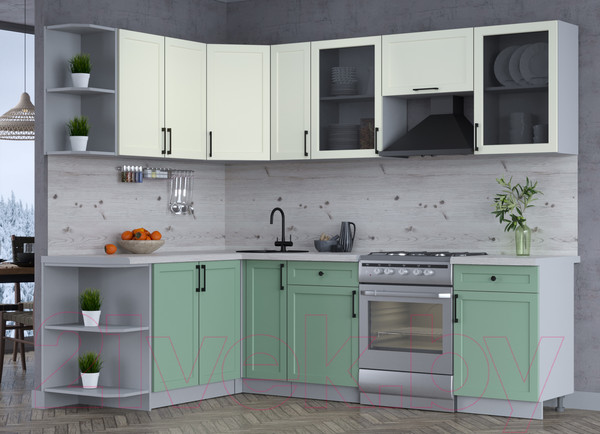 Изображение товара Кухонный гарнитур Интерлиния Тренд 1.7x2.5 левая (мята/белый/бискайская сосна)