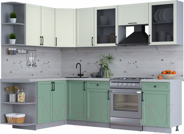 Изображение товара Кухонный гарнитур Интерлиния Тренд 1.7x2.6 левая (мята/белый/бискайская сосна)