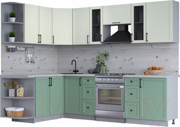 Изображение товара Кухонный гарнитур Интерлиния Тренд 1.7x2.7 левая (мята/белый/бискайская сосна)