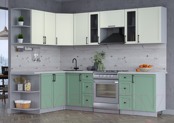Изображение товара Кухонный гарнитур Интерлиния Тренд 1.7x2.7 левая (мята/белый/бискайская сосна)