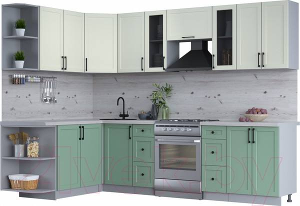 Изображение товара Кухонный гарнитур Интерлиния Тренд 1.7x2.8 левая (мята/белый/бискайская сосна)