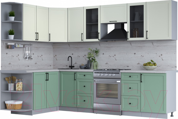 Изображение товара Кухонный гарнитур Интерлиния Тренд 1.7x2.9 левая (мята/белый/бискайская сосна)