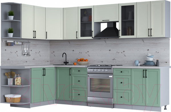 Изображение товара Кухонный гарнитур Интерлиния Тренд 1.7x3.0 левая (мята/белый/бискайская сосна)