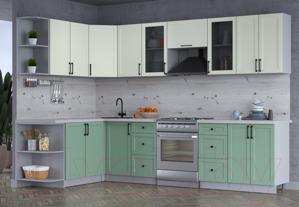 Изображение товара Кухонный гарнитур Интерлиния Тренд 1.7x3.0 левая (мята/белый/бискайская сосна)