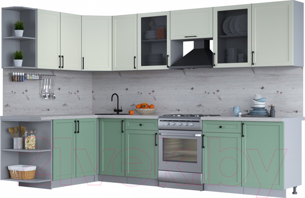 Изображение товара Кухонный гарнитур Интерлиния Тренд 1.7x3.1 левая (мята/белый/бискайская сосна)