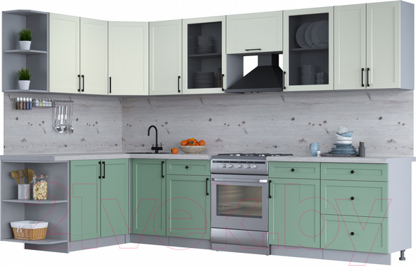 Изображение товара Кухонный гарнитур Интерлиния Тренд 1.7x3.2 левая (мята/белый/бискайская сосна)