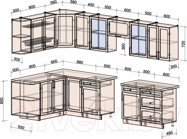 Изображение товара Кухонный гарнитур Интерлиния Тренд 1.7x3.2 левая (мята/белый/бискайская сосна)