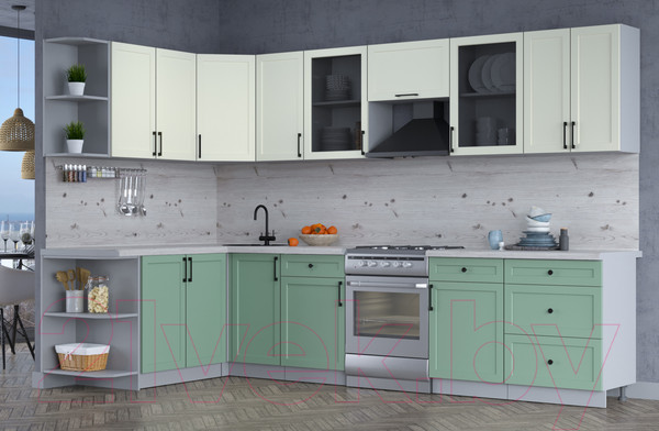 Изображение товара Кухонный гарнитур Интерлиния Тренд 1.7x3.2 левая (мята/белый/бискайская сосна)