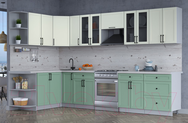 Изображение товара Кухонный гарнитур Интерлиния Тренд 1.7x3.3 левая (мята/белый/бискайская сосна)