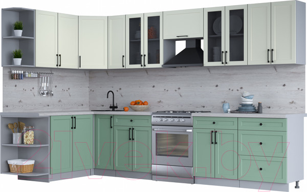 Изображение товара Кухонный гарнитур Интерлиния Тренд 1.7x3.3 левая (мята/белый/бискайская сосна)