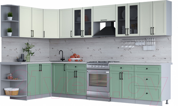 Изображение товара Кухонный гарнитур Интерлиния Тренд 1.7x3.4 левая (мята/белый/бискайская сосна)