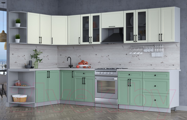 Изображение товара Кухонный гарнитур Интерлиния Тренд 1.7x3.4 левая (мята/белый/бискайская сосна)