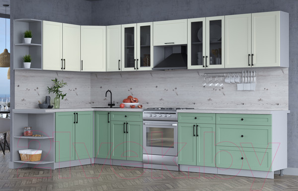 Изображение товара Кухонный гарнитур Интерлиния Тренд 1.7x3.5 левая (мята/белый/бискайская сосна)