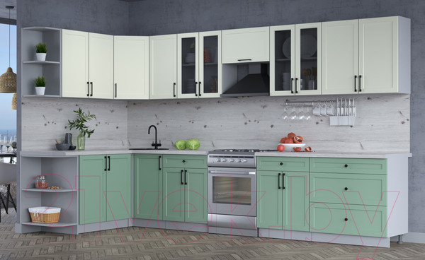 Изображение товара Кухонный гарнитур Интерлиния Тренд 1.7x3.6 левая (мята/белый/бискайская сосна)