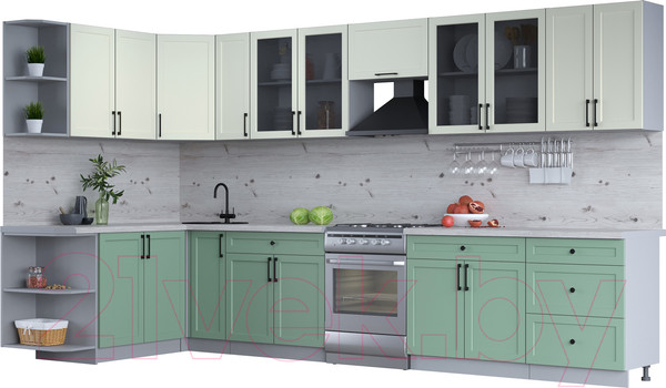 Изображение товара Кухонный гарнитур Интерлиния Тренд 1.7x3.7 левая (мята/белый/бискайская сосна)