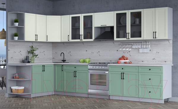 Изображение товара Кухонный гарнитур Интерлиния Тренд 1.7x3.7 левая (мята/белый/бискайская сосна)