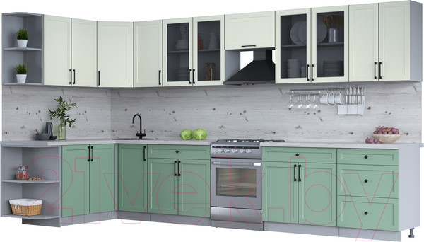 Изображение товара Кухонный гарнитур Интерлиния Тренд 1.7x3.8 левая (мята/белый/бискайская сосна)