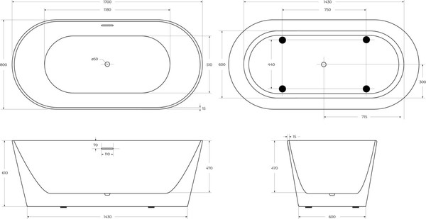 Изображение товара Ванна акриловая BelBagno BB416-1700-800