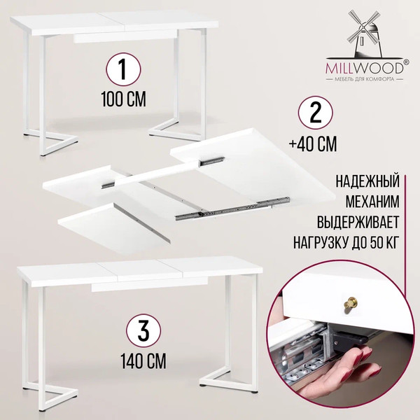 Изображение товара Обеденный стол Millwood Лофт Лондон Л 100-140x60x76 (белый/металл белый)