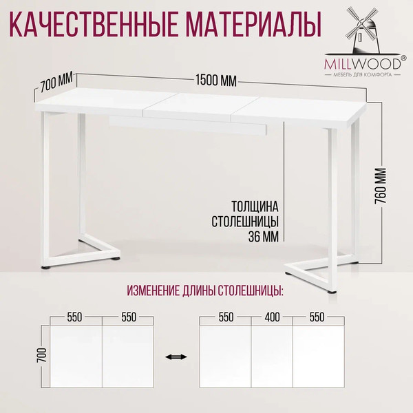 Изображение товара Обеденный стол Millwood Лофт Лондон Л 110-150x70x76 (белый/металл белый)