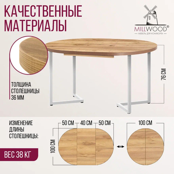 Изображение товара Обеденный стол Millwood Лофт Лондон Л D100 раздвижной / 100-140x100x76 (дуб золотой Craft/металл белый)