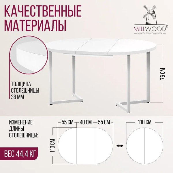 Изображение товара Обеденный стол Millwood Лофт Лондон раздвижной / D110-150x110x76 (белый/металл белый)