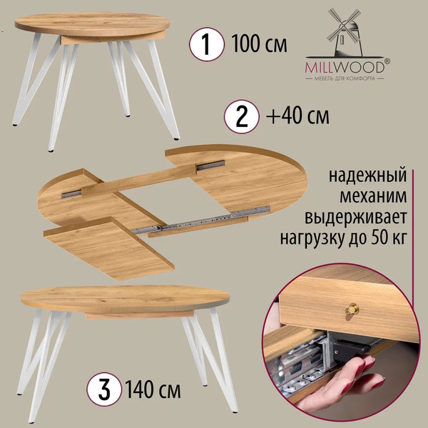 Изображение товара Обеденный стол Millwood Женева 3 Л D100-140x100x76 (дуб золотой Craft/металл белый)