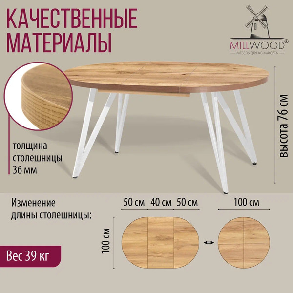 Изображение товара Обеденный стол Millwood Женева 3 Л D100-140x100x76 (дуб золотой Craft/металл белый)
