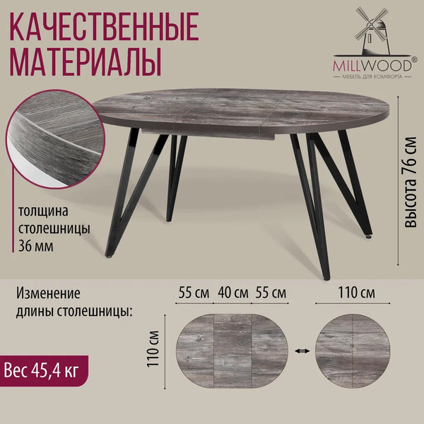Изображение товара Обеденный стол Millwood Женева 3 D раздвижной D110-150x110x76.4 (сосна пасадена/металл черный)