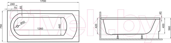 Изображение товара Ванна акриловая Polimat Classic 170x75 / 00280 (с ножками)