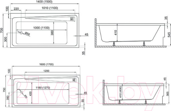 Изображение товара Ванна акриловая Polimat Elza 170x75 / 00025 (с ножками)