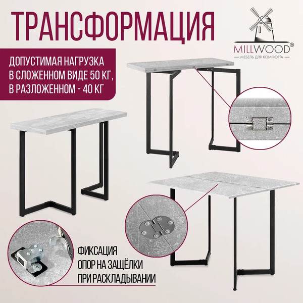 Изображение товара Обеденный стол Millwood Арлен 1 38-76x110x76 (бетон/металл черный)