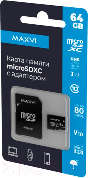 Изображение товара Карта памяти Maxvi microSDXC 64GB class 10 UHS-I (1)