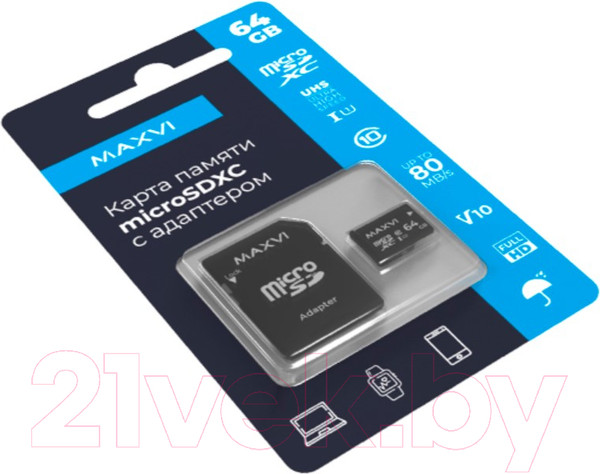 Изображение товара Карта памяти Maxvi microSDXC 64GB class 10 UHS-I (1)