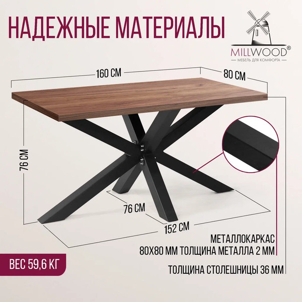 Изображение товара Обеденный стол Millwood Кейптаун 160x80x75 (дуб табачный Craft/металл черный)