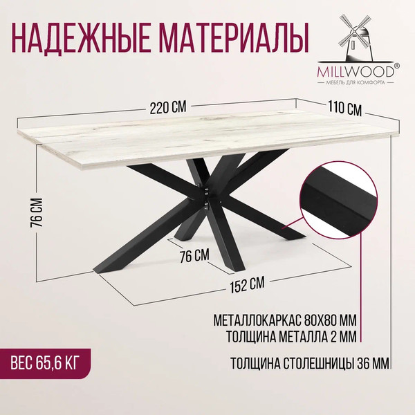 Изображение товара Обеденный стол Millwood Кейптаун 220x110x75 (дуб белый Craft/металл черный)