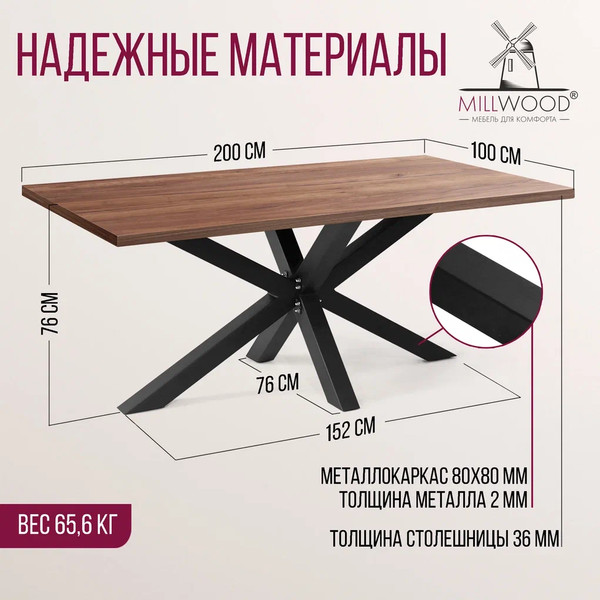 Изображение товара Обеденный стол Millwood Кейптаун 200x100x75 (дуб табачный Craft/металл черный)
