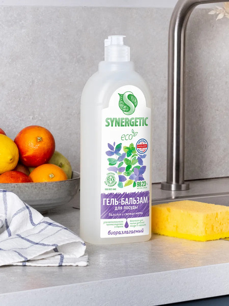 Изображение товара Средство для мытья посуды Synergetic Гель-бальзам биоразлагаемый Базилик и свежая мята (1л)