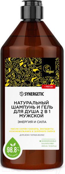 Изображение товара Шампунь-гель для душа Synergetic Энергия и сила Бессульфатный 2в1 мужской (400мл)