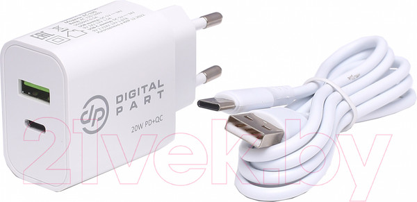 Изображение товара Зарядное устройство сетевое Digitalpart FC-135 с кабелем Type-C (белый)