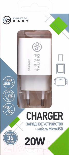 Изображение товара Зарядное устройство сетевое Digitalpart FC-135 с кабелем MicroUSB (белый)