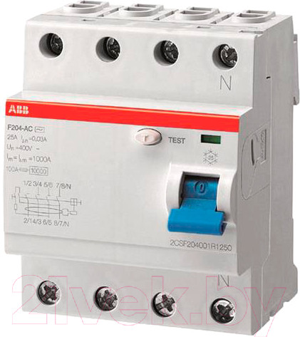 Изображение товара Устройство защитного отключения ABB F204 4P 25A 30mA 6kА 4М / 2CSF204001R1250