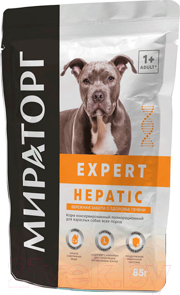 Изображение товара Влажный ветеринарный корм для собак Мираторг Expert Hepatic Бережная забота о здоровье печени / 1010024073 (85г)