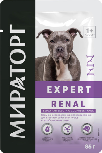 Изображение товара Влажный ветеринарный корм для собак Мираторг Expert Renal Бережная забота о здоровье почек / 1010020600 (85г)